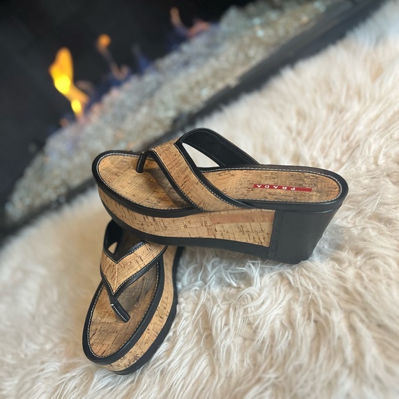 Prada Black Leather Trim & Cork Flip Flops - Picture 3 of 5
